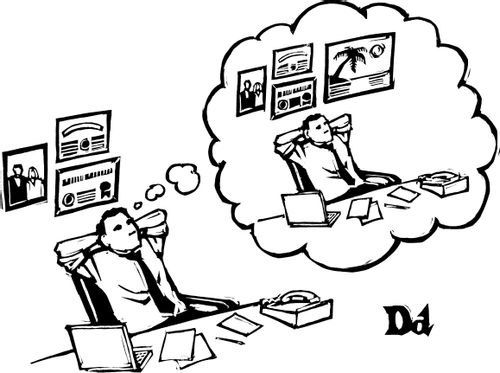 An office worker daydreams about a new poster.