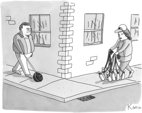 A man walking a bowling ball is about to walk into a woman walking a bunch of bowling pins