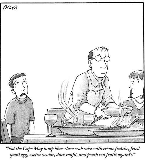 "Not the Cape May lump blue-claw crab cake with crème fraîche, fried quail egg, osetra caviar, duck confit, and peach con frutti again?!!"