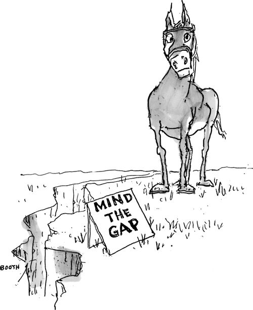 Horse staring a sign near a fault that reads "Mind the gap."