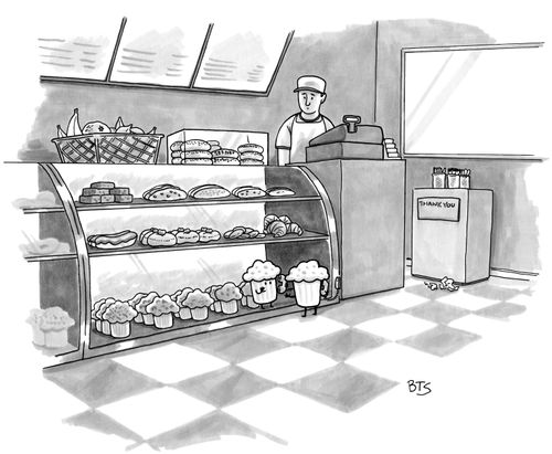 Muffin having visitation with another muffin in a bakery display case