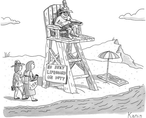 Ugly lifeguard sitting in a chair with a sign reading "No sexy lifeguard on duty."