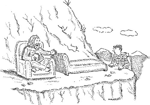 A guru offers a fainting couch to a man.