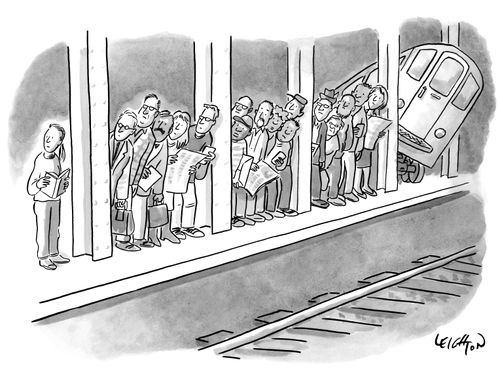 A subway train waits with people at the tracks.