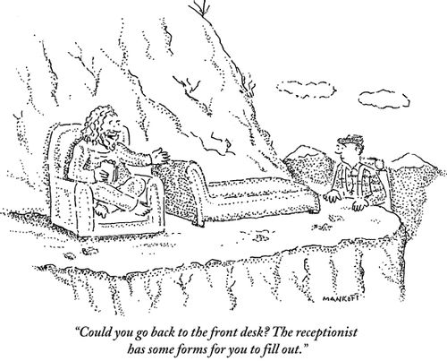 "Could you go back to the front desk? The receptionist has some forms for you to fill out."