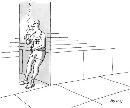Man Carrying Olympic Torch Stops For Smoke Break