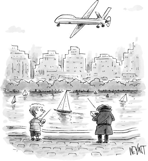 Two children in a park; one playing with an R/C sailboat and the other playing with a drone