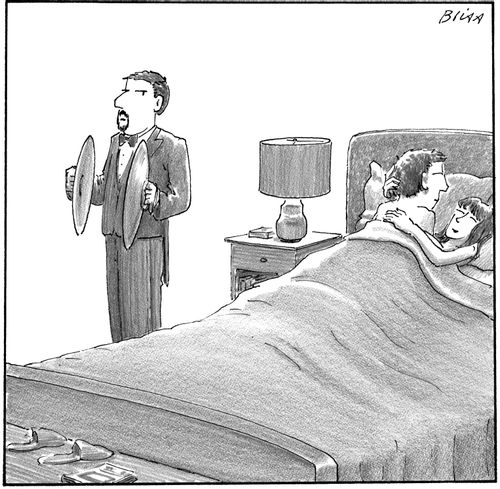 A man with cymbals waits for a couple to finish their lovemaking.