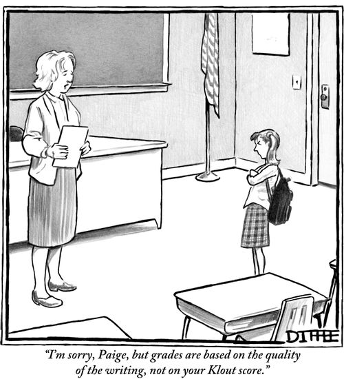 "I'm sorry, Paige, but grades are based on the quality of the writing, not on your Klout score."