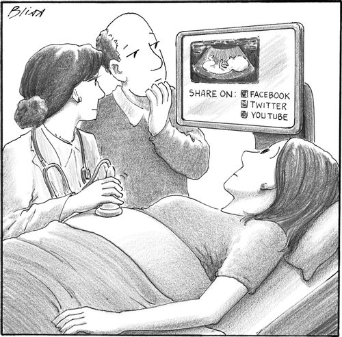 Sonographer and pregnant couple looking at images of the fetus on a screen with options to share the image on various social media platforms