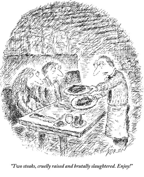 "Two steaks, cruelly raised and brutally slaughtered. Enjoy!"
