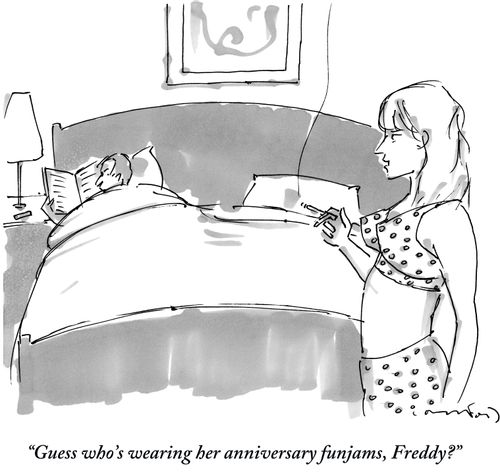 "Guess who's wearing her anniversary funjams, Freddy?"