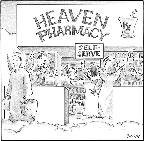 Angels shopping in a store called "Heaven Pharmacy: Self-serve"