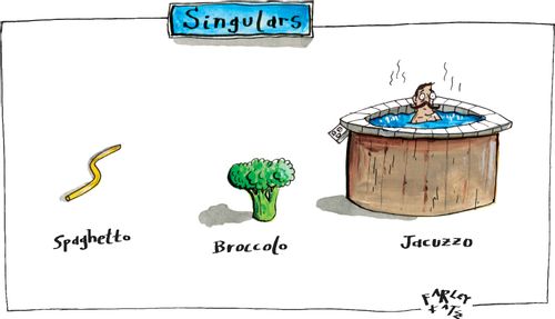 Singulars: spaghetto, broccolo, jacuzzo.