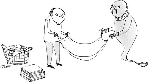 A genie helps a man fold laundry.