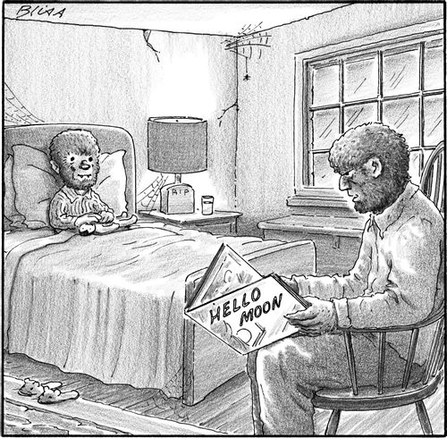 A werewolf reads "Hello Moon" to his child.
