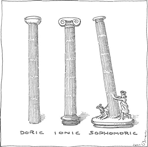 Three types of columns, Doric, Ionic, and Sophomoric.