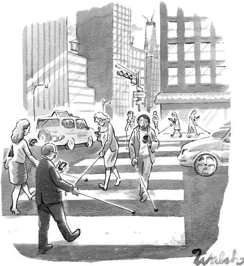 People crossing the street while texting use white canes.