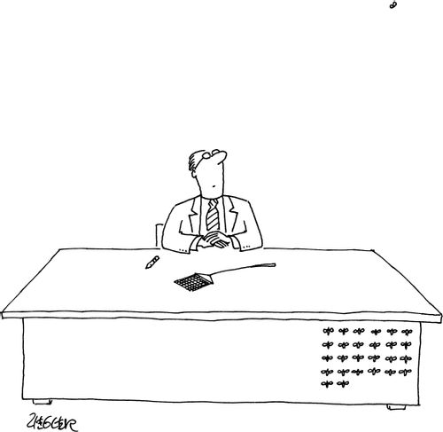 A man is seated as his desk, looking up with a fly swatter in front of him and flies stuck to the front of the desk.