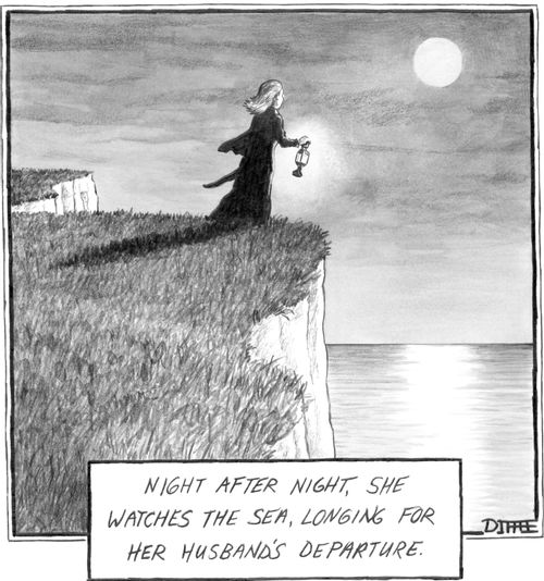 Night after night she stares at the lovely sea longing for her husband's departure.