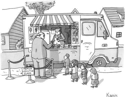 Executive cuts children in line for ice cream.
