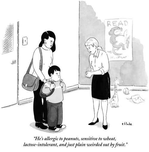 "He's allergic to peanuts, sensitive to wheat, lactose-intolerant, and just plain weirded out by fruit."