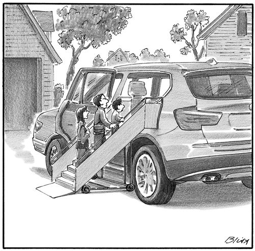 Family using a mobile stairway to enter their SUV