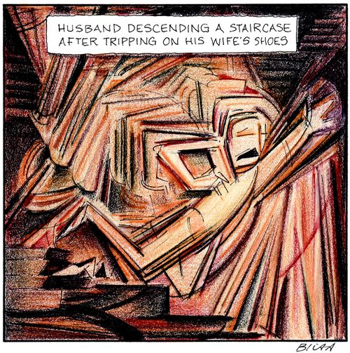 Husband Descending a Staircase After Tripping on his Wife's Shoes