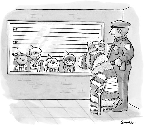 A pinata identifies children in a lineup.
