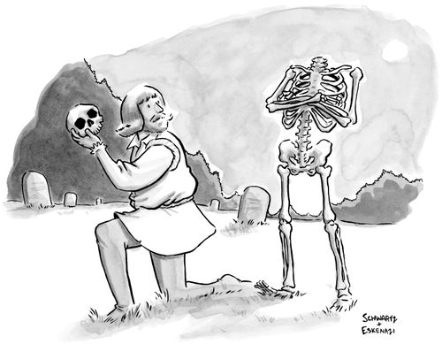 Hamlet sees Yorick's skeleton behind him.