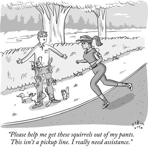"Please help me get these squirrels out of my pants. This isn't a pickup line. I really need assistance."