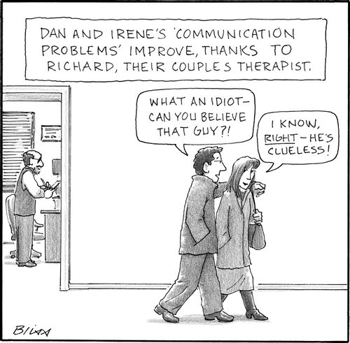 Dan and Irene's 'communication problems' improve, thanks to Richard, their couples therapist.