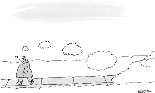 A man walks on the sidewalk trailing thought bubbles behind him.