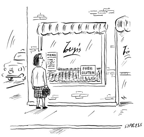 A woman looks at the menu posted in the front window of a restaurant; a nearby sign reads "Free gluten".