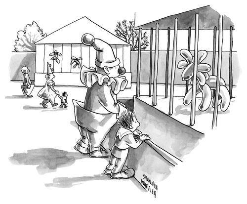 A clown and a boy look at a balloon animal in a zoo.