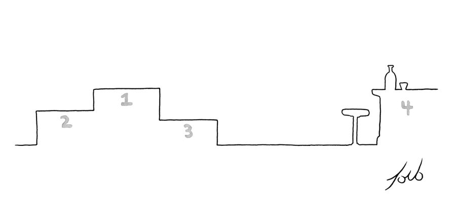 A medal podium with places for first, second and third is contrasted with a spot at the bar for fourth place.