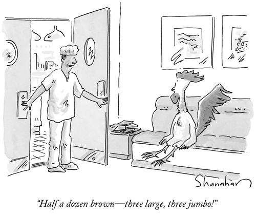 "Half a dozen brown—three large, three jumbo!"