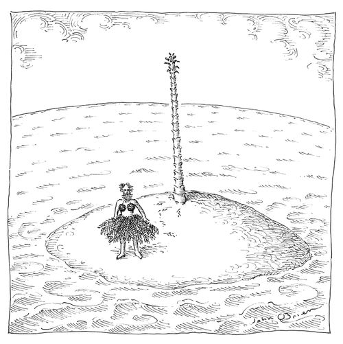 A man on a desert island fashions a bikini for himself.