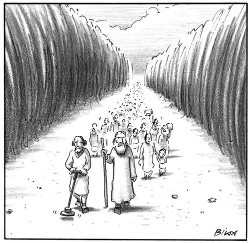 Moses parts the Red Sea while a follower searches with a metal detector.