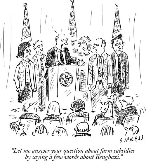 "Let me answer your question about farm subsidies by saying a few words about Benghazi."