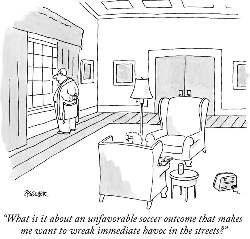 "What is it about an unfavorable soccer outcome that makes me want to wreak immediate havoc in the streets?"