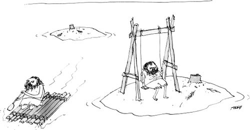 A marooned man builds a swing set from his lone palm tree.