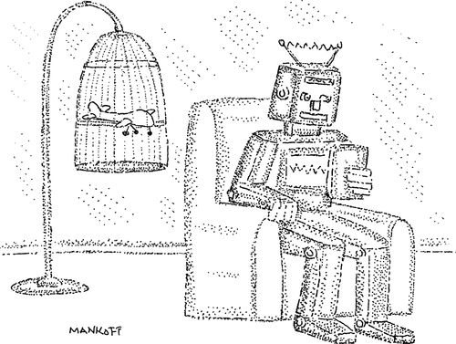 A robot keeps a drone in a cage as a pet.