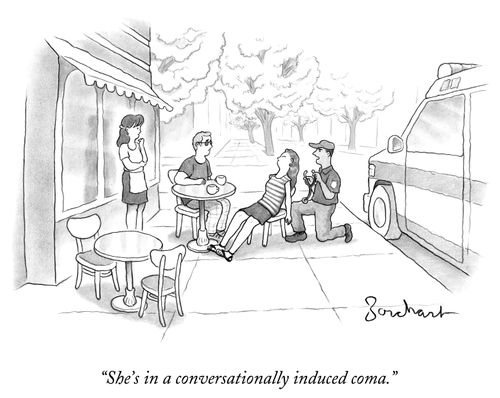 "She's in a conversationally induced coma."