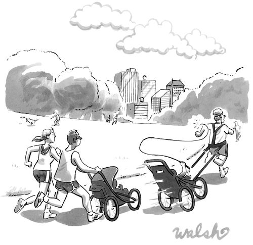 A baby in a stroller cracks at whip as his father runs through Central Park.