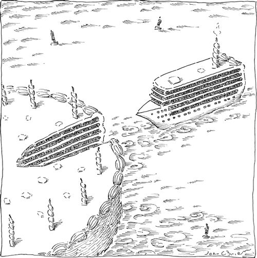 A cruise ship parks as part of birthday cake.