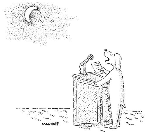 A dog howls at the moon with a podium and speech.