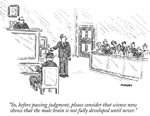 "So, before passing judgment, please consider that science now shows that the male brain is not fully developed until never."