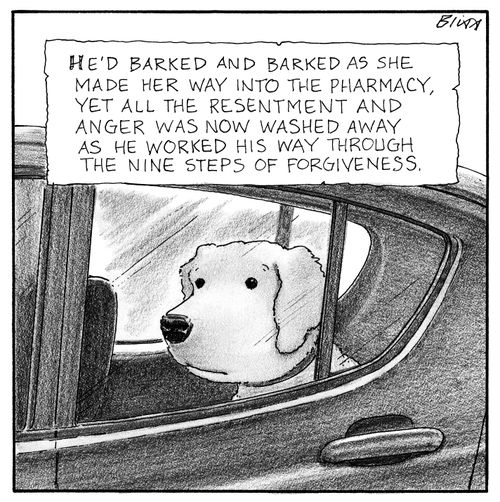 Dog waiting in a car for his owner to return from the pharmacy