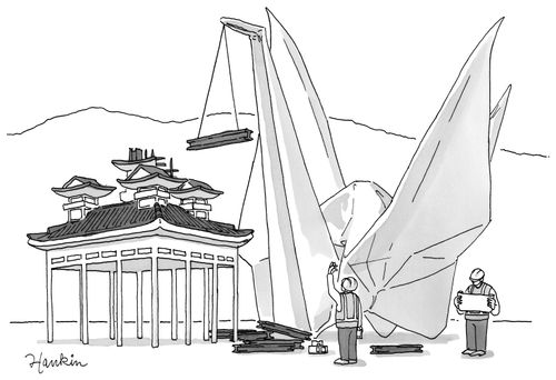An origami crane constructs a house.